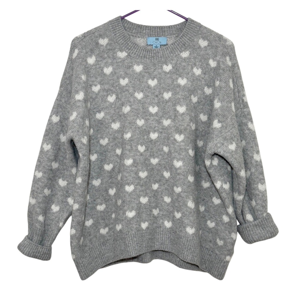 CeCe Womens Grey Heart Intarsia Knit Crewneck Sweater Size M Long Sleeve Soft